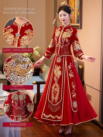 Fengju menyasszonyi ruha chenille és spandex anyagból, A-vonal, mély V-nyak, hosszú ujjú