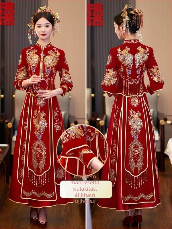 Fengju menyasszonyi ruha chenille és spandex anyagból, A-vonal, mély V-nyak, hosszú ujjú