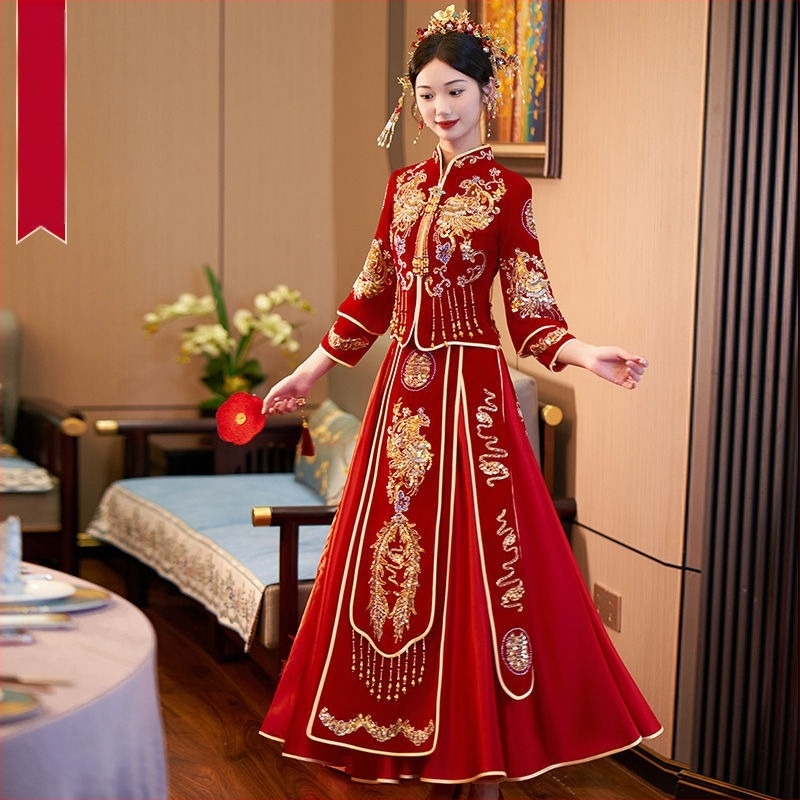 Fengju menyasszonyi ruha chenille és spandex anyagból, A-vonal, mély V-nyak, hosszú ujjú