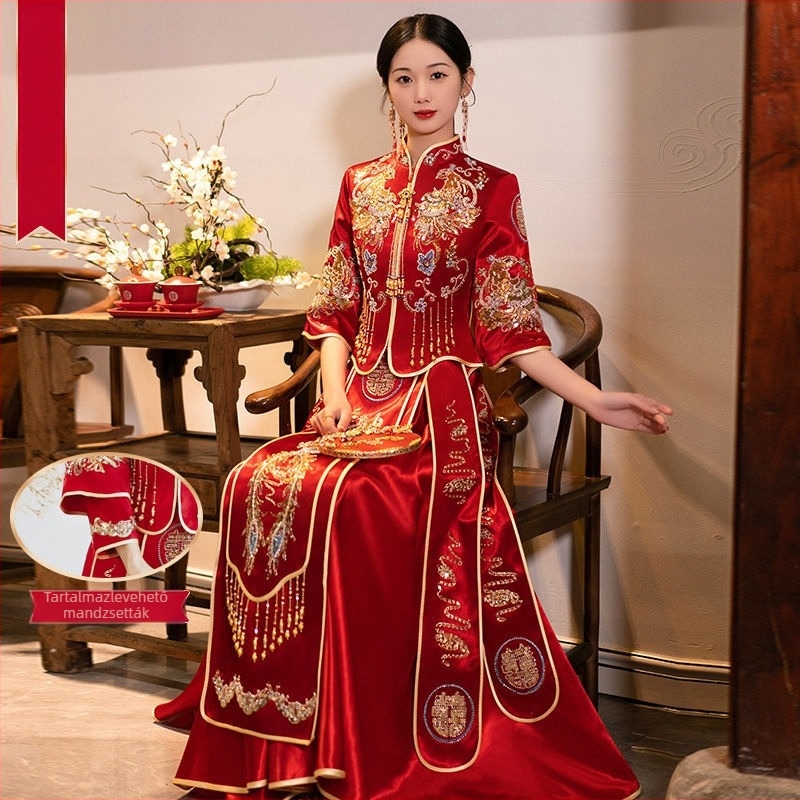 Fengju menyasszonyi ruha chenille és spandex anyagból, A-vonal, mély V-nyak, hosszú ujjú