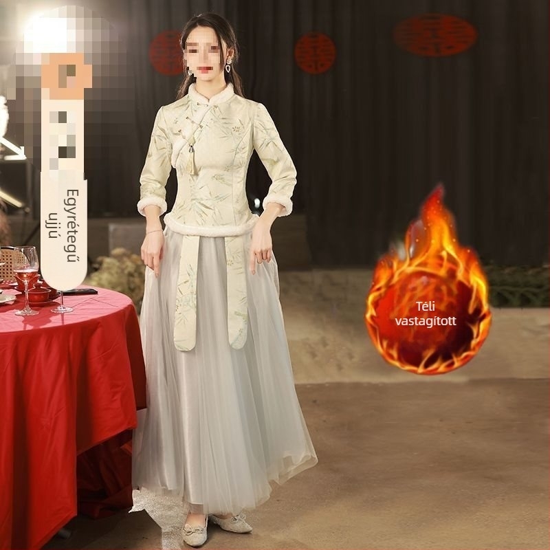 Kínai stílusú koszorúslány ruha, satin 395, vinylon-spandex keverék, hosszú ujjú, A-vonalú fazon U-nyakú gallérral