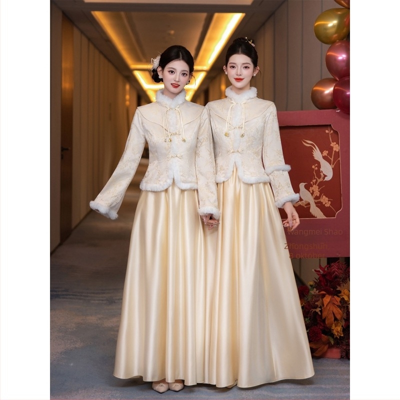 Kínai stílusú koszorúslányruha két darabban, friss és édes, hosszú ujjú, mandarin gallér, poliészter, nyár 2025