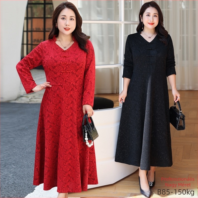 Női kínai stílusú V-nyakú csipkeruha pliszált szoknyával; nylon 70-80%, poliészter legfeljebb 30%