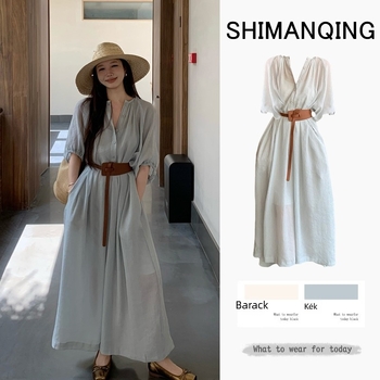 Hosszú chiffon strandruha, egyszínű, lantern ujjak, magas derék