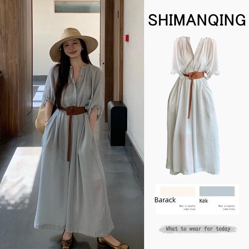 Hosszú chiffon strandruha, egyszínű, lantern ujjak, magas derék
