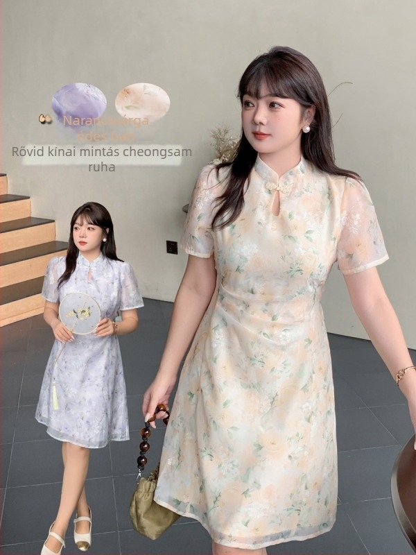 Retro stílusú cheongsam ruha álló gallérral, 3/4-es ujjú, A-vonalú midi hossz, poliészter-pamut keverék