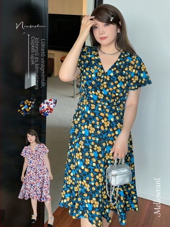 Floral mintás ruha V-nyakú, A-vonalú, 3/4 ujjas, poliészter anyag