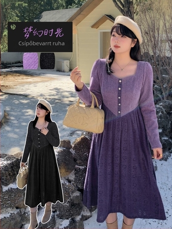 Női ruha csipke-chenille anyagból, hosszú ujjú, négyszögletes gallér, A-vonalú, 2025 tavasz