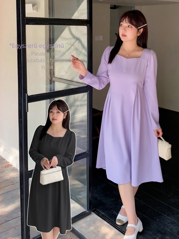 K2817 hosszú ujjú, A-vonalú ruha, négyzetes gallérral, Peacock twill poliészter (95%+), ősz 2024