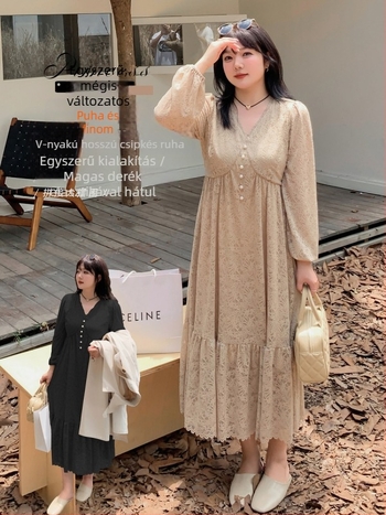 A-vonalú csipkés ruha V-nyakú, nylon keverék, puffos ujjak