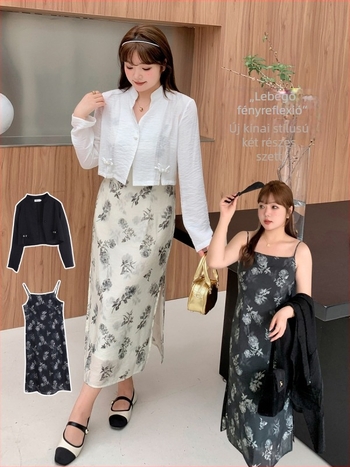 Két részes hosszú ruhaszett álló gallérral és puffos ujjakkal, kínai stílus, poliészter–spandex