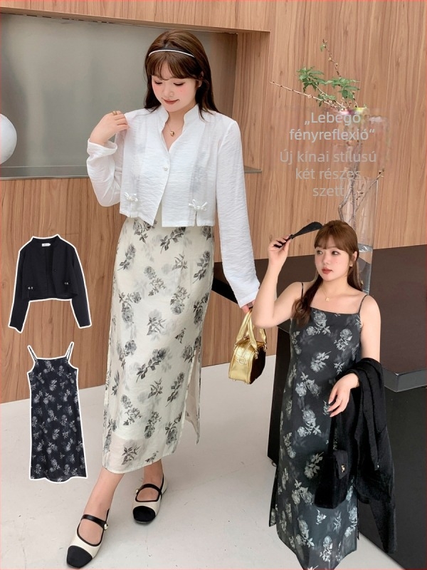 Két részes hosszú ruhaszett álló gallérral és puffos ujjakkal, kínai stílus, poliészter–spandex