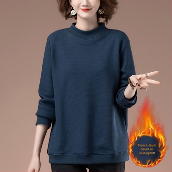 Szabad esésű női pulóver fleece bélésével, félmagas gallér, hosszú ujjú, egyszínű, közepes hosszúságú 65–80 cm