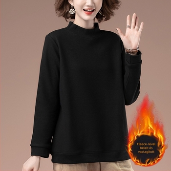 Szabad esésű női pulóver fleece bélésével, félmagas gallér, hosszú ujjú, egyszínű, közepes hosszúságú 65–80 cm