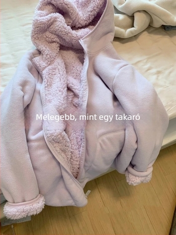 Kapucnis fleece felső elöl cipzárral, fleece-béléssel, laza szabás, középhosszú 65–80 cm, pamut–poliészter keverék (50–70% pamut, <30% poliészter)