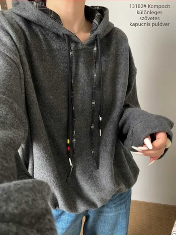 Női kapucnis vastag fleece pulóver, koreai stílusú patchwork, laza szabású, 70–80% pamut