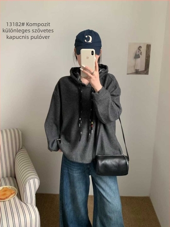 Női kapucnis vastag fleece pulóver, koreai stílusú patchwork, laza szabású, 70–80% pamut