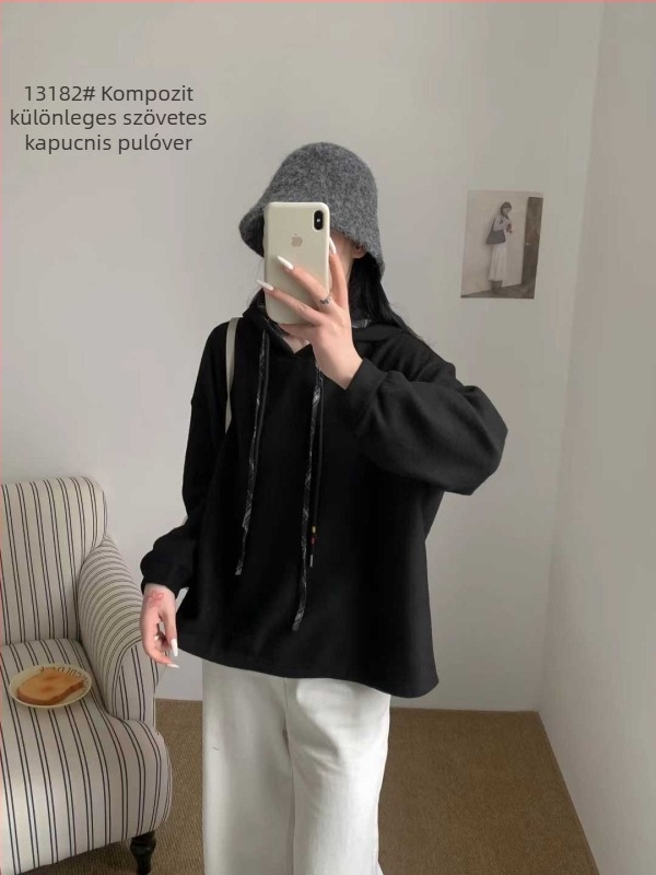 Női kapucnis vastag fleece pulóver, koreai stílusú patchwork, laza szabású, 70–80% pamut