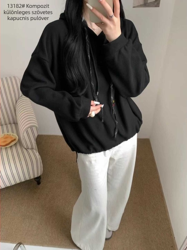 Női kapucnis vastag fleece pulóver, koreai stílusú patchwork, laza szabású, 70–80% pamut