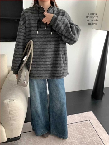 Kapucnis csíkos fleece pulóver, laza szabás, 70-80% pamut, hosszú ujjú, nőknek, tél 2025