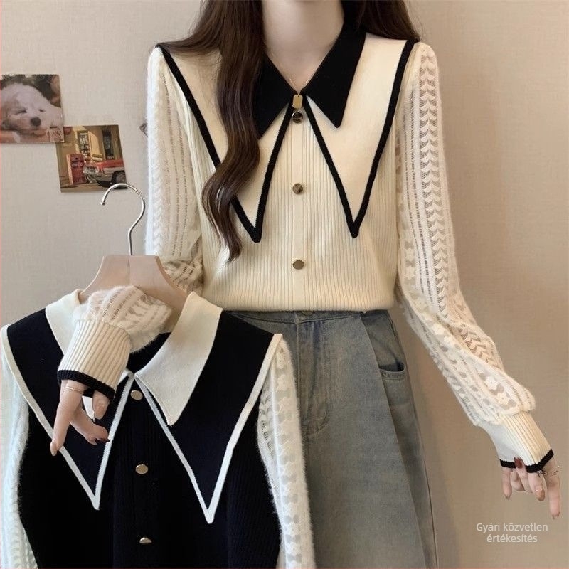 Női chenille felső doll collar galléval, spandex anyaggal, hercegnői ujjú, 2025 tavaszi megjelenés