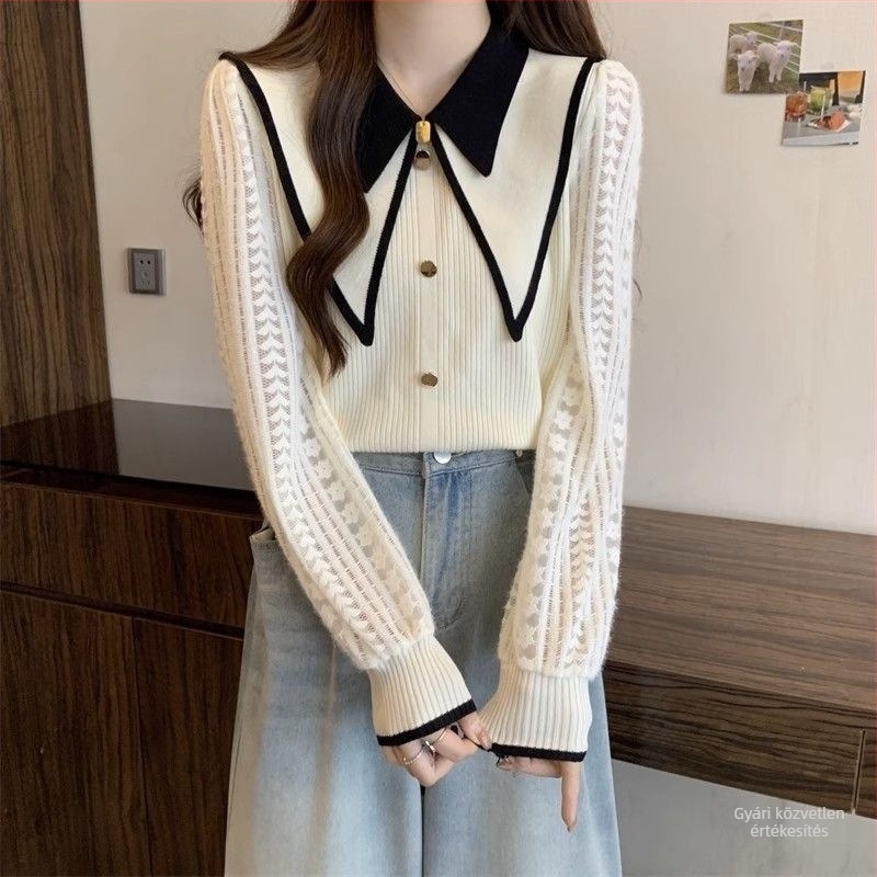 Női chenille felső doll collar galléval, spandex anyaggal, hercegnői ujjú, 2025 tavaszi megjelenés