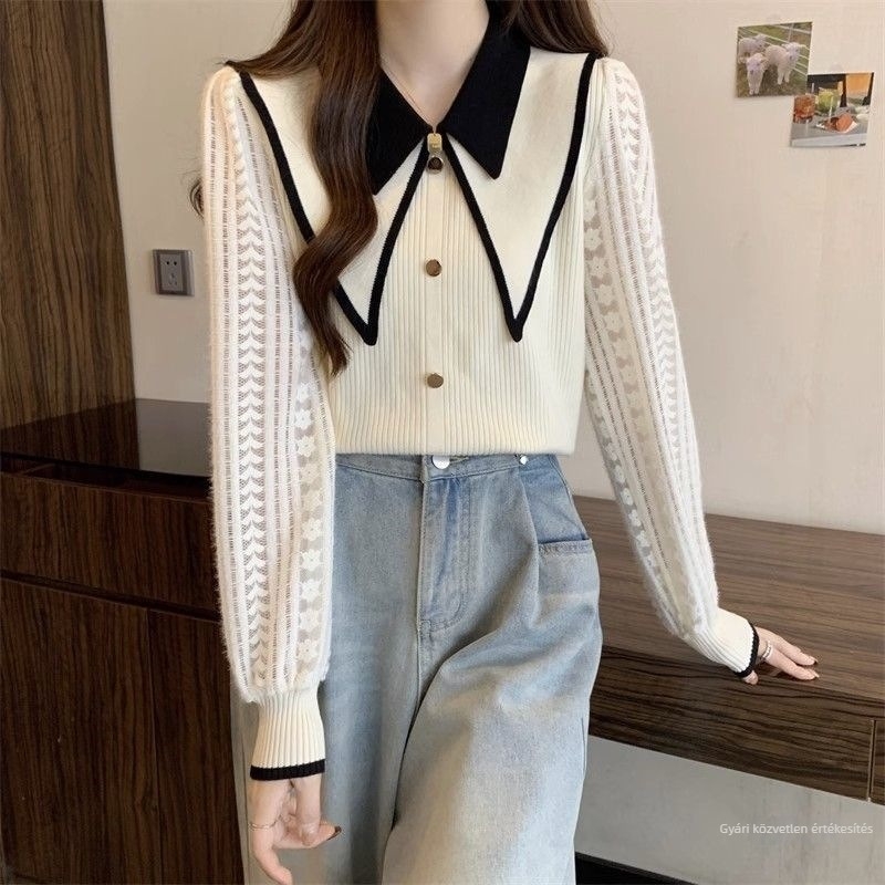 Női chenille felső doll collar galléval, spandex anyaggal, hercegnői ujjú, 2025 tavaszi megjelenés
