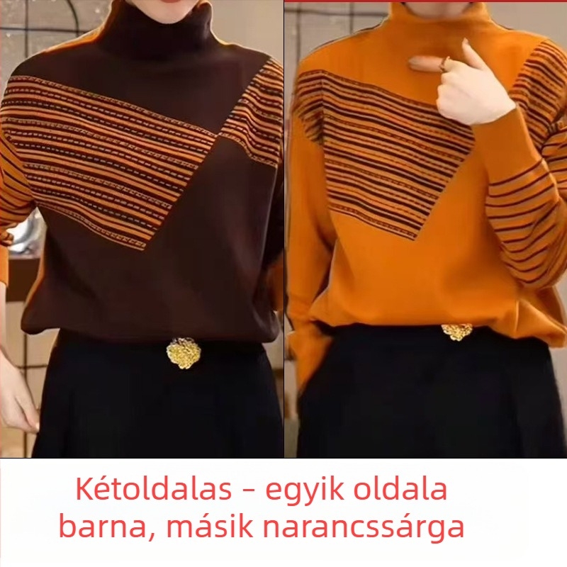 Női dupla oldalú gyapjú kötött felső, magas nyakú, laza szabás, plusz méret, őszi–téli színblokkok