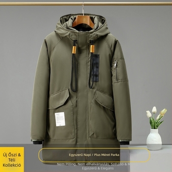 Férfi kapucnis parkas, poliészter töltettel és poliészter béléssel, cipzáras záródás, középhosszú
