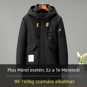 Férfi kapucnis parkas, poliészter töltettel és poliészter béléssel, cipzáras záródás, középhosszú