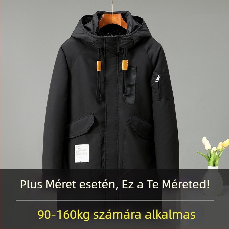 Férfi kapucnis parkas, poliészter töltettel és poliészter béléssel, cipzáras záródás, középhosszú