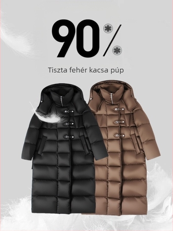 Női hosszú fehér kacsapú down dzseki, kapucnival, laza szabás, 86–90% tolltartalom, töltet 201–300 g