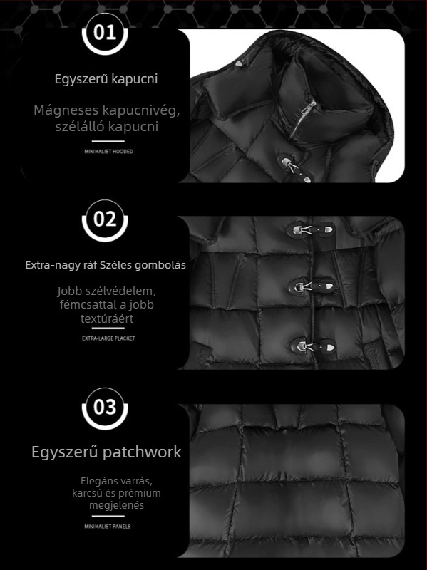 Női hosszú fehér kacsapú down dzseki, kapucnival, laza szabás, 86–90% tolltartalom, töltet 201–300 g