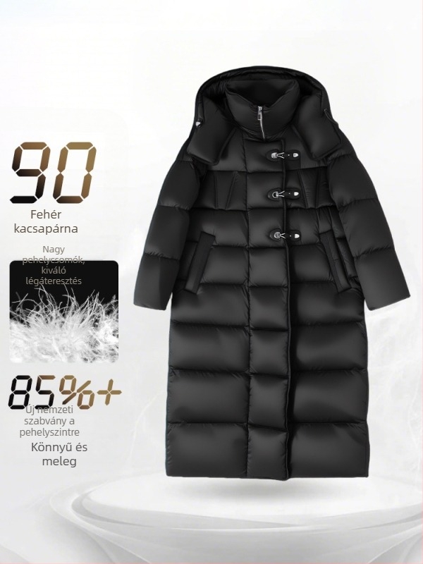Női hosszú fehér kacsapú down dzseki, kapucnival, laza szabás, 86–90% tolltartalom, töltet 201–300 g