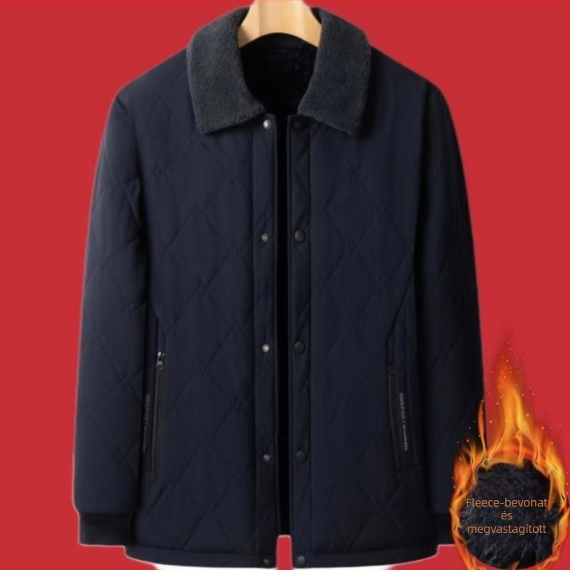 Férfi pamut-tömött dzseki téli viselethez, gallér reverrel, cipzár, nylon külső anyag, oldalsó zsebek