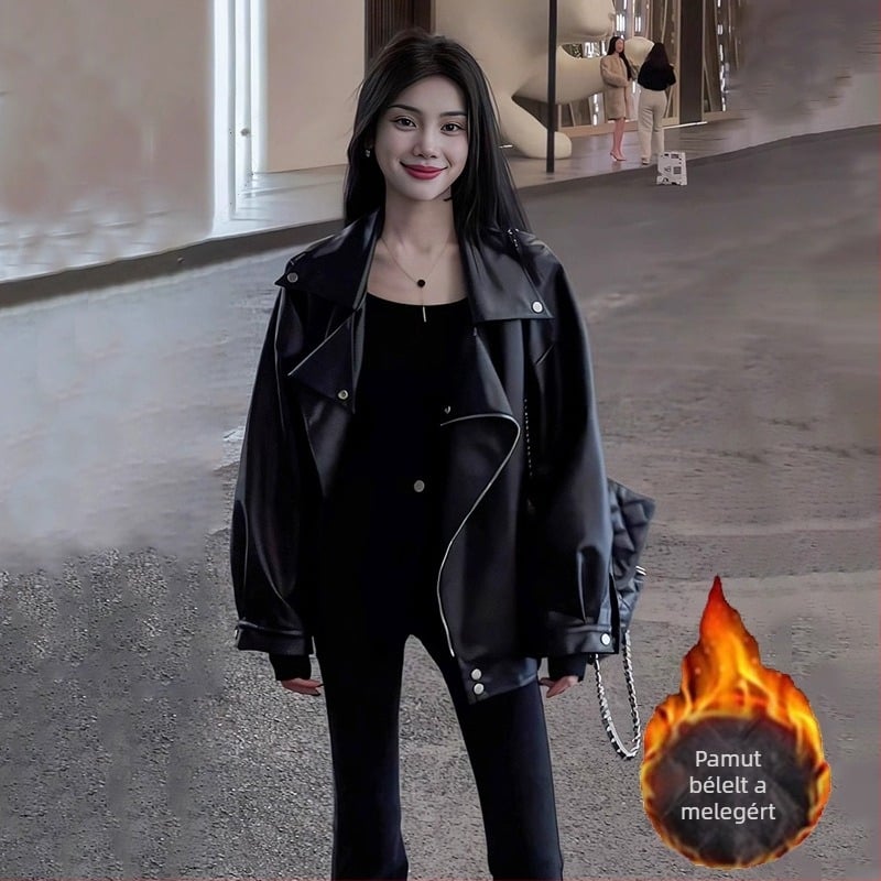 Női PU műbőr dzseki, V-nyakú, cipzáras záródás, hosszú ujjú, szabad szabás