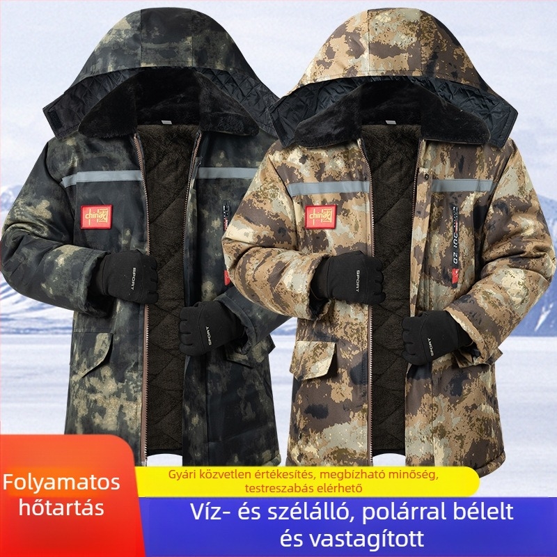 Férfi téli fényvisszaverő, sokoldalú kamuflázzal ellátott dzseki fleece béléses, vastag, középhosszú, vízálló és melegen tartó.