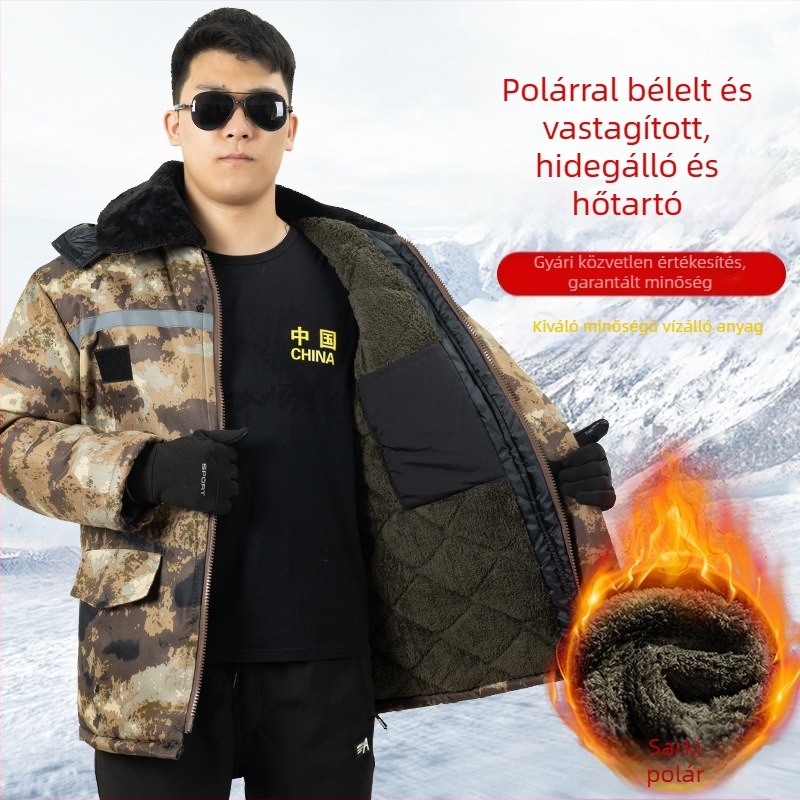 Férfi téli fényvisszaverő, sokoldalú kamuflázzal ellátott dzseki fleece béléses, vastag, középhosszú, vízálló és melegen tartó.