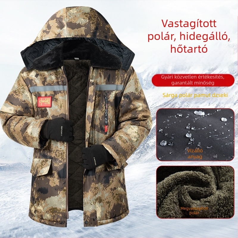 Férfi téli fényvisszaverő, sokoldalú kamuflázzal ellátott dzseki fleece béléses, vastag, középhosszú, vízálló és melegen tartó.