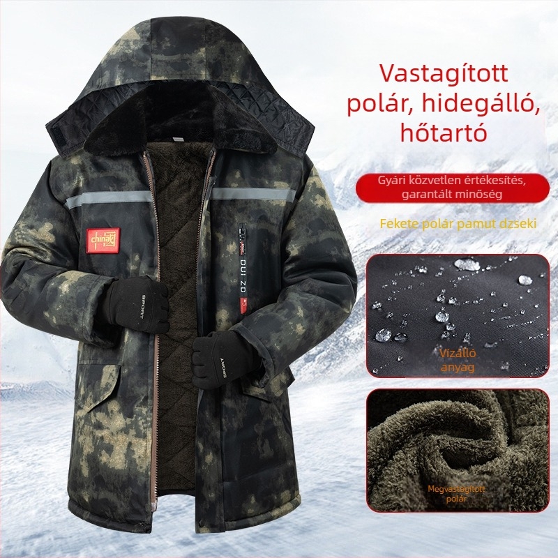 Férfi téli fényvisszaverő, sokoldalú kamuflázzal ellátott dzseki fleece béléses, vastag, középhosszú, vízálló és melegen tartó.