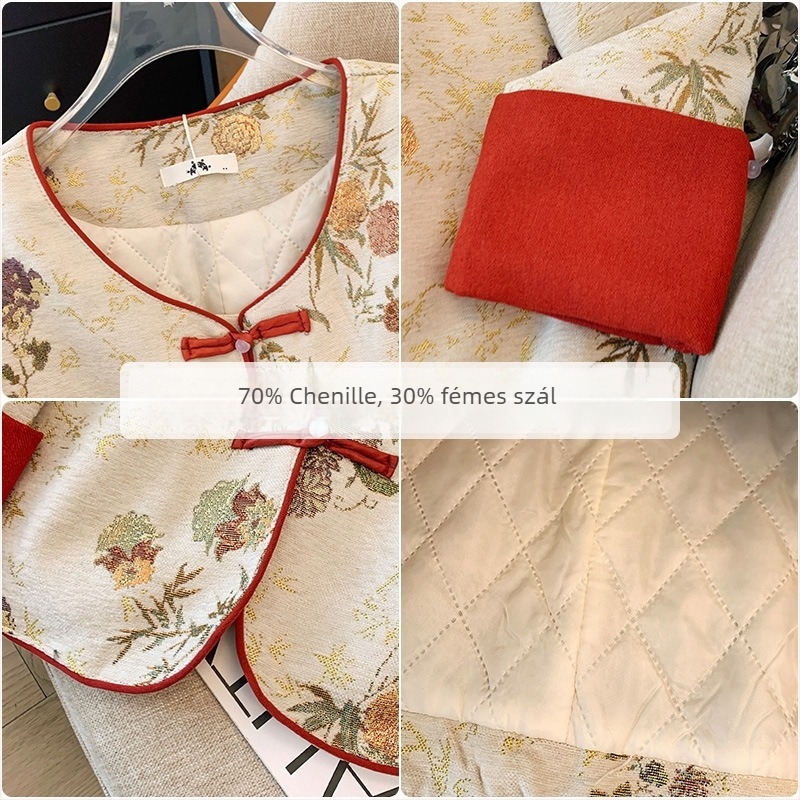Chenille anyagú virágos jacquard kardigán, középméretű, hosszú ujjú