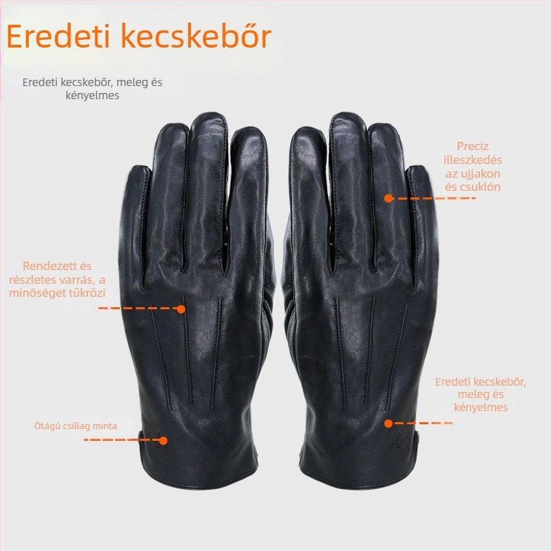 Férfi kecskebőr téli kesztyű fleece-béléssel, szélálló kerékpározáshoz