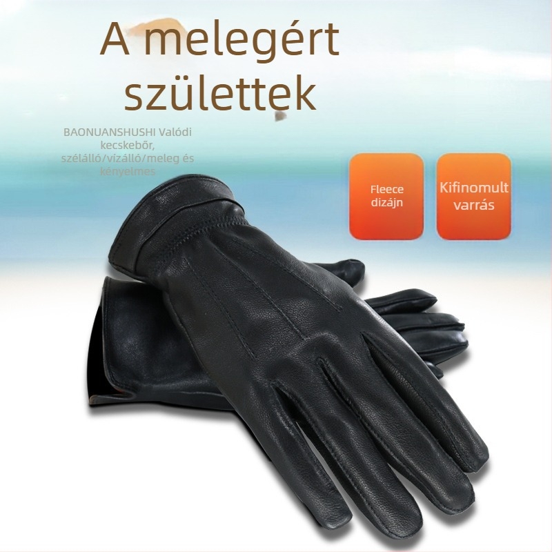 Férfi kecskebőr téli kesztyű fleece-béléssel, szélálló kerékpározáshoz