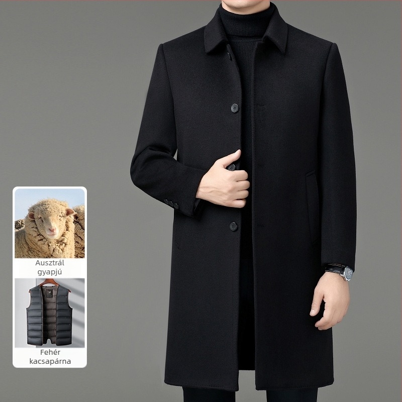 Férfi kabát 100% juhgyapjúból, kétoldalas gyapjú, belső pehely bélés, üzleti közép-hosszú stílus, egy soros gombos záródás, öv nélkül, egyszínű