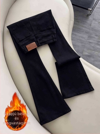 Fekete női bootcut farmerok, magas derekú, elasztikus, csípőfedő, karcsúsító hatású, hosszú, szabású nadrág, 2025 ősz, plusz méret