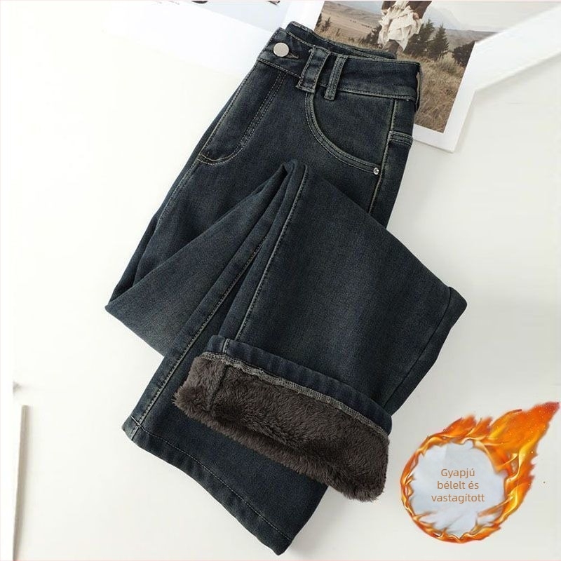 Női farmernadrág, magas derekú fleece-sel bélelt, denim pamutból, egyenes szabás, vastag anyag (magas derekú; fleece bélelt; denim pamutból; vastag anyag; egyenes szabás)