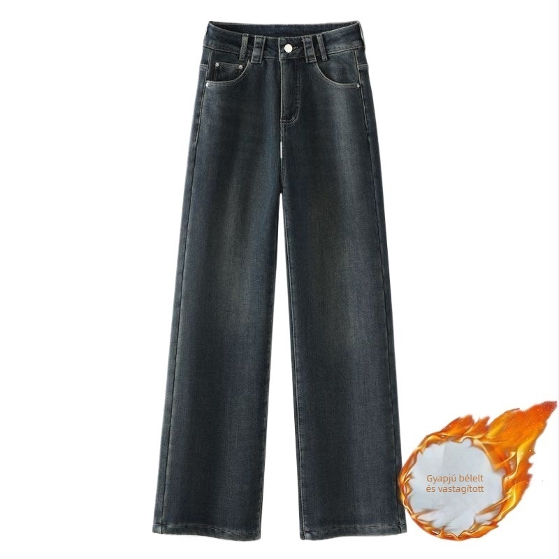 Női farmernadrág, magas derekú fleece-sel bélelt, denim pamutból, egyenes szabás, vastag anyag (magas derekú; fleece bélelt; denim pamutból; vastag anyag; egyenes szabás)