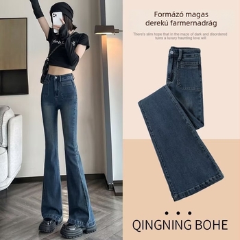Farmernadrág – trapéz szabású, fleece béléses, vastag, mikroelasztikus, középmagas derekú