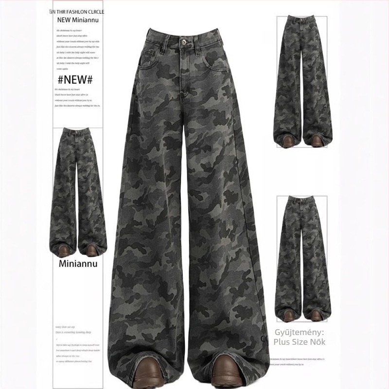 Magas derekú, széles lábú farmer pamut denimből, retro camouflage mintával, mindennapi viselethez