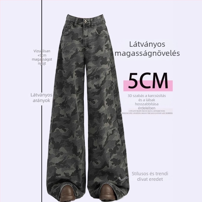 Magas derekú, széles lábú farmer pamut denimből, retro camouflage mintával, mindennapi viselethez